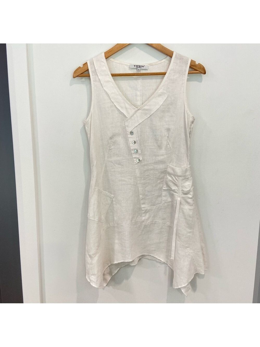 Linen tunic/dress/top ecru natural white Vitrin design asymmetric sleeveless sma - Picture 14 of 15